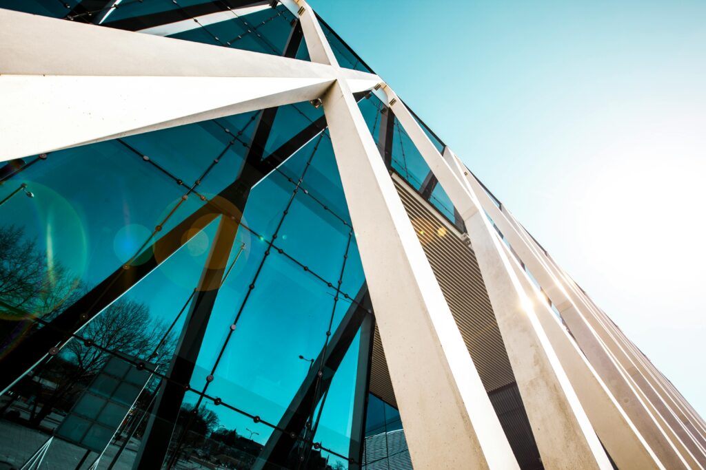 Modern architectural skyscraper with glass facade and steel beams in Kesklinna, Estonia.